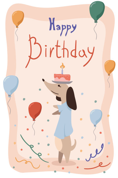 贺卡上有可爱的达克斯狗，头上有蛋糕和气球。生日海报上有一只有趣的小狗。矢量插图在一个时髦的平面风格图片下载