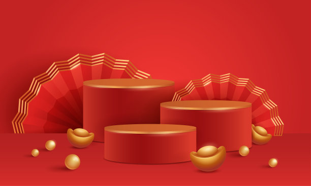 中国新年红、金主题讲台场景3D插画，以东方节日元素的纸质图形风格为背景进行产品展示。为设计提供广阔的复制空间。“n”n图片下载