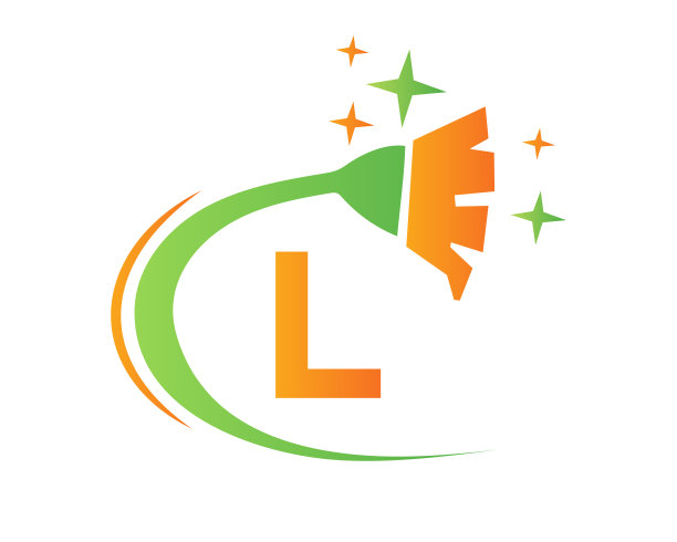 清洁标志与L字母概念。房子清洁和扫帚标志。L字母标志设计图片下载