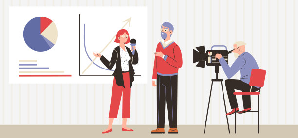 记者拿着麦克风在电视演播室的摄像机前接受采访。图片下载