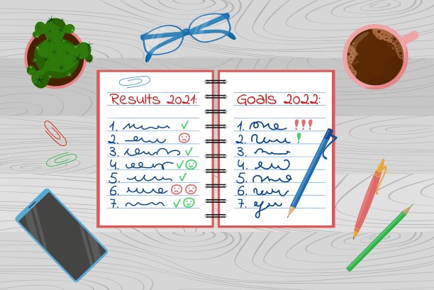 2022年目标和2021年成果。目标清单用笔写在记事本上。新年的计划和动力图片下载