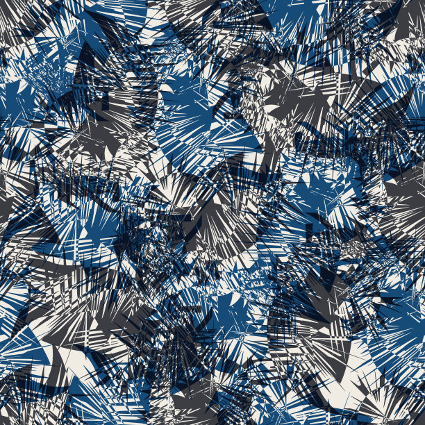 虫草叶抽象无缝矢量图案背景。中世纪现代尖叶背景在蓝色，白色，黑色植物重叠叶片纹理。五颜六色的人造扎染全印花图片下载