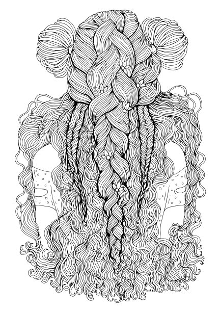 矢量人像一个年轻的女人与长，波浪的头发。发型与三个辫子装饰两大百合。图案插图着色书。设计卡片，印t恤孤立在白色背景上图片下载