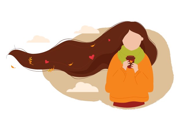 长头发的女孩喝咖啡。矢量图图片下载