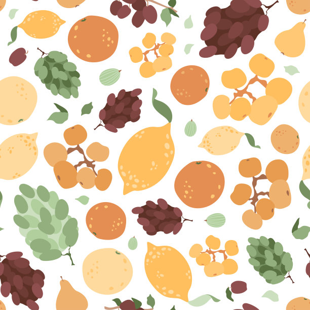 手绘的水果。橘子，柠檬，葡萄，醋栗，杏子，桃子，李子在树枝上。夏季矢量插图新鲜和多汁的食物。图片下载