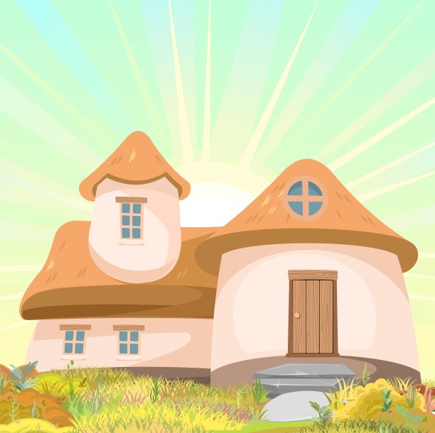 非常有趣的房子在清理。稻草屋顶。日出。草草甸。美丽的卡通景观插图。木制门窗。可爱的婴儿照片。向量图片下载