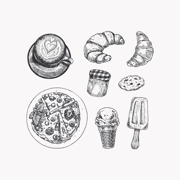 各种食品收集，牛角面包，饼干，咖啡图片下载