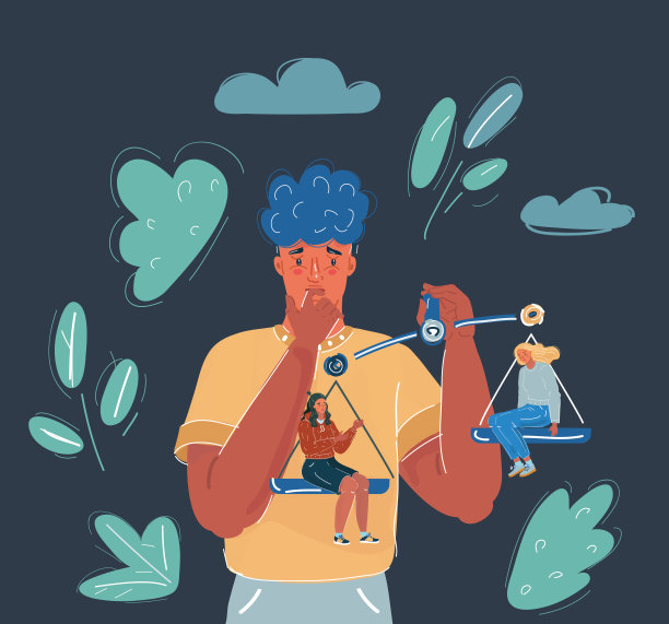 向量插图的年轻人选择两个女人。规模的概念。人物在黑暗的背景。图片下载