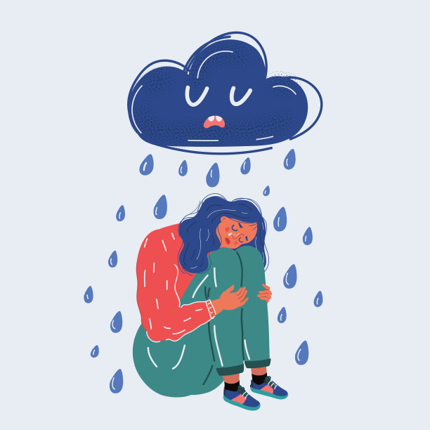 矢量插图的肖像一个年轻女子悲伤的雨。忧郁的乌云笼罩着她。白色背景上的人物性格。图片下载