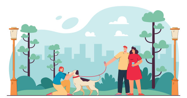 快乐的卡通家庭在公园遛狗图片下载