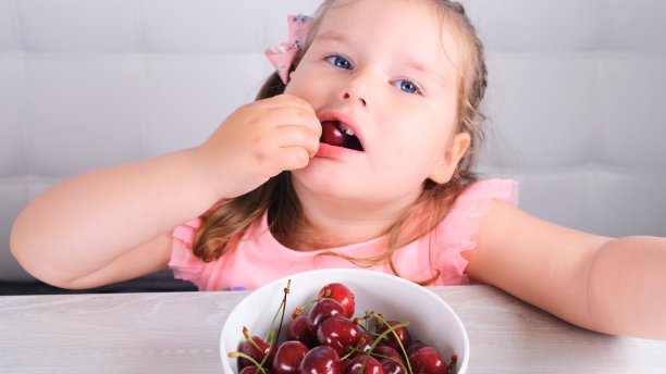 可爱的金发小女孩坐在一张轻便的木桌旁，桌上放着一盘樱桃，吃着红色的浆果。健康饮食图片下载