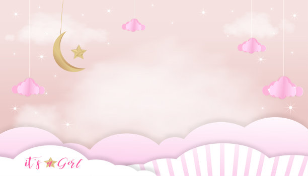 向量女婴淋浴卡粉红色的背景，可爱的纸艺术抽象折纸云景观，新月和星星挂在粉红色的天空，蓬松的云复制空间婴儿的照片图片下载