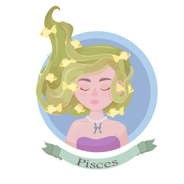 双鱼座:双鱼座的黄道十二宫象是有着浓密头发的美丽女孩。黄道十二宫中一组明亮的星座。的星座。天文学。矢量插图孤立的白色背景。图片下载