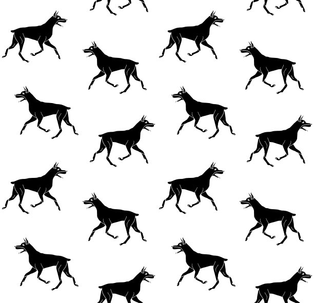 矢量无缝模式的手绘涂鸦素描黑色跑杜宾狗图片下载