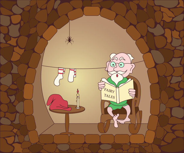 有趣可爱的神话侏儒坐在摇椅上读童话故事图片下载
