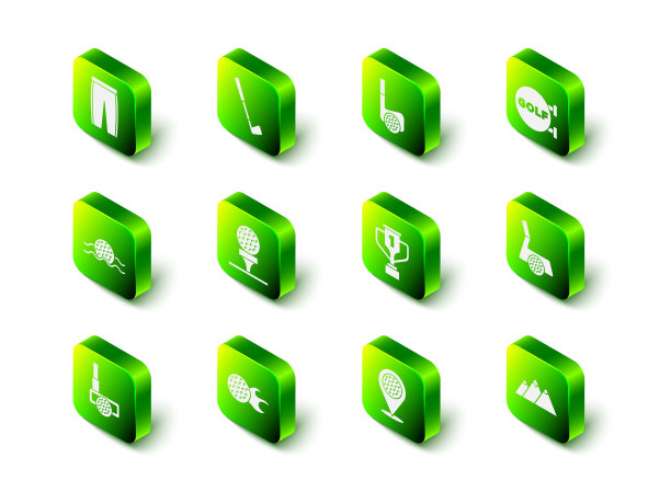 设置高尔夫俱乐部，球，运动，山脉，奖杯高尔夫，位置和图标。向量图片下载