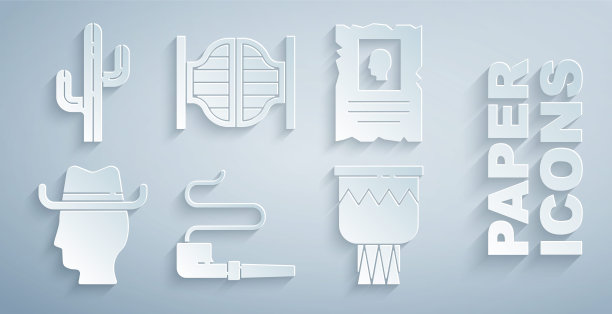 设置吸烟烟斗，通缉西部海报，牛仔，鼓，酒吧门和仙人掌图标。向量图片下载