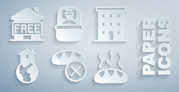 集合捐赠食物，多层建筑，无家可归者收容所，睡袋和图标。向量图片下载