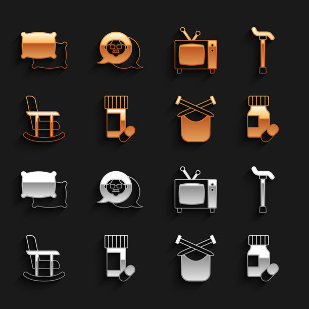 设置药瓶和药丸，手杖手杖，编织，摇椅，复古电视，枕头和祖父图标。向量图片下载