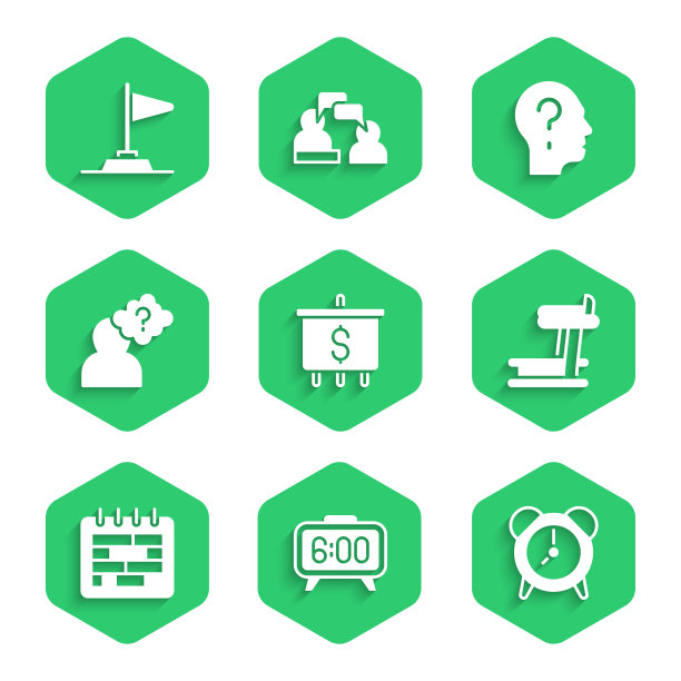 设定目标与美元，数字闹钟，闹钟，跑步机，日历，头部问号，和旗帜图标。向量图片下载