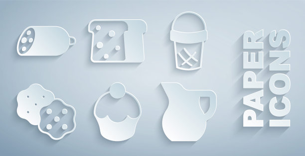 设置松饼，冰淇淋华夫饼，饼干，牛奶杯，面包吐司和意大利腊肠图标。向量图片下载