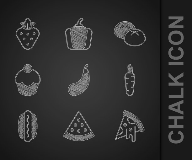 设置茄子，西瓜，披萨片，胡萝卜，热狗，松饼，面包和草莓图标。向量图片下载