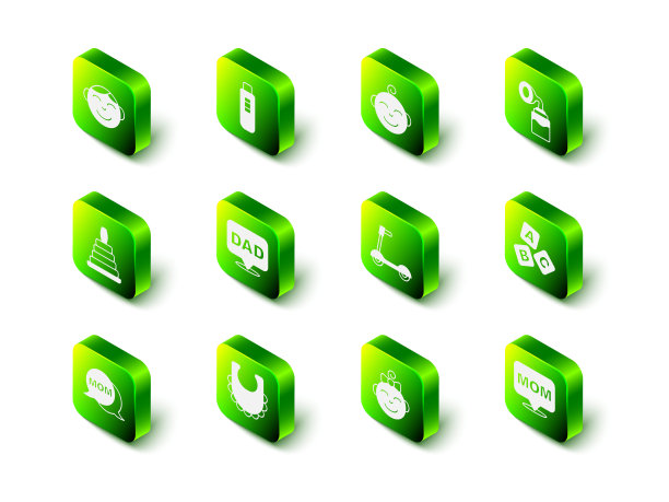 集孕检，小男孩头，吸乳器，ABC积木，语音泡泡妈妈，滑板车，女孩和婴儿围嘴图标。向量图片下载