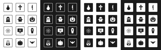 设置刀，鬼，墓碑与RIP写，炸弹准备爆炸，南瓜，十字架，棺材和蜘蛛网图标。向量图片下载