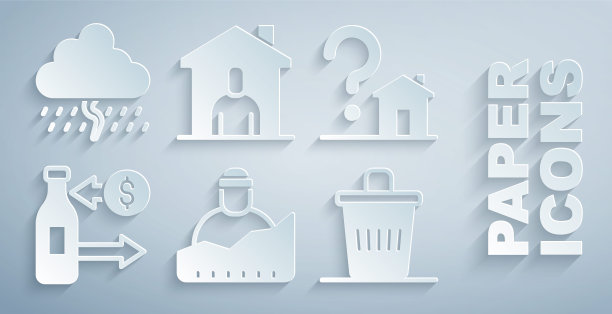 设置了无家可归者的成长，带问号的房子，接待玻璃瓶，垃圾桶，庇护所和云雨图标。向量图片下载