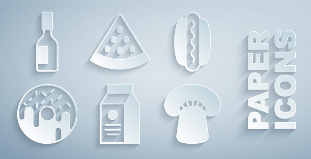 牛奶，热狗，甜甜圈，蘑菇，西瓜和塔巴斯科辣酱图标的包装。向量图片下载