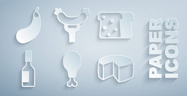 将鸡腿，烤面包，塔巴斯科沙司，奶酪，香肠放在叉子上，还有茄子图标。向量图片下载