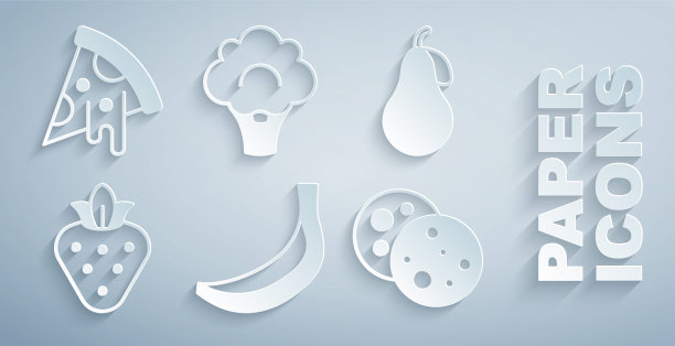 设置香蕉，梨，草莓，饼干与巧克力，西兰花和披萨片图标。向量图片下载