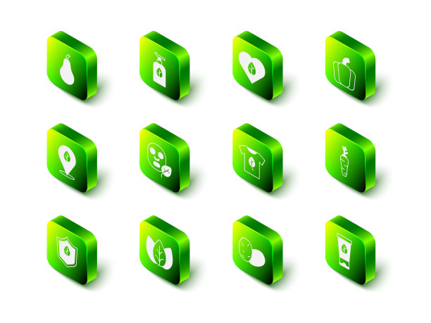 设置有机化妆品，素食饮食，甜椒，胡萝卜，衬衫，土豆和叶子或叶子图标。向量图片下载