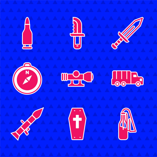 设置狙击手光学瞄准器，棺材十字架，鸡尾酒燃烧弹，军用卡车，火箭发射器，指南针，剑和子弹图标。向量图片下载