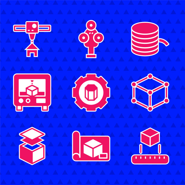 设置3D打印机设置，工程绘图纸，等角立方体，层，灯丝和房子图标。向量图片下载