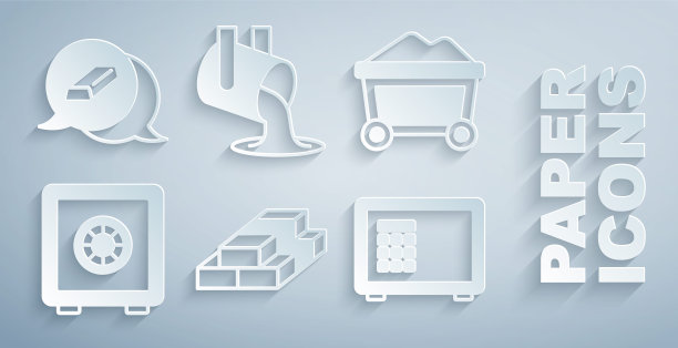 设置堆叠纸币现金，矿车与黄金，安全，熔融被倾倒和金条图标。向量图片下载