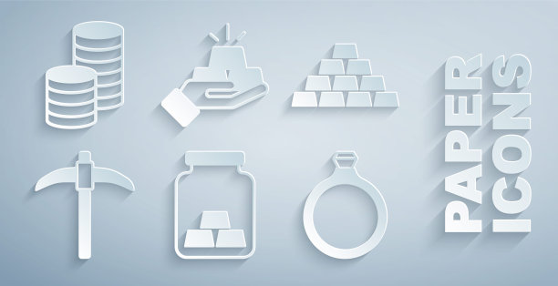 设置金条，鹤嘴锄，戒指，硬币钱图标。向量图片下载