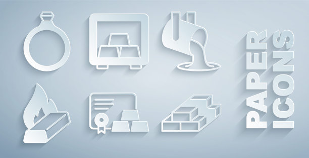 设置金条证书，熔化的黄金被倾倒，堆叠纸币现金，保险箱和戒指图标。向量图片下载