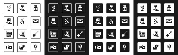 集药瓶和药丸，志愿者团队植树，捐赠书籍，捐赠慈善，心手，铲子和免费过夜的房子图标。向量图片下载