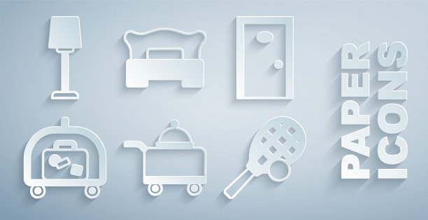 Set Covered with tray of food, Hotel door, luggage cart, Tennis racket ball, Bedroom and Table lamp icon. Set Covered with tray of food, Hotel door, luggage cart, Tennis racket ball, Bedroom and Table lamp icon。向量图片下载