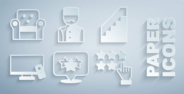 设置星级评级，楼梯，智能电视，礼宾和扶手椅图标。向量图片下载