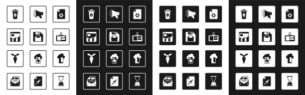 设置文件设置，软盘，图形图表信息图，咖啡杯走，识别徽章，扩音器，云数据库和领带图标。向量图片下载