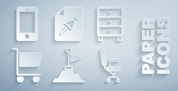 设置山脉与旗帜在顶部，档案文件抽屉，购物车，办公室椅子，笔记按钮和手机图标。向量图片下载