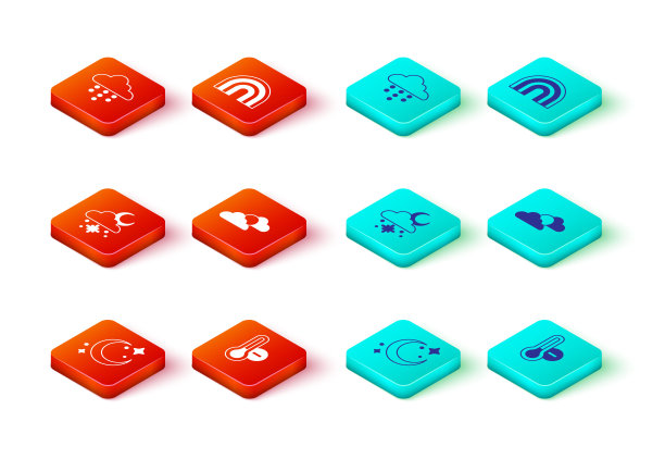 月亮和星星，气象温度计，云与雪太阳，太阳云天气，彩虹和雨的图标。向量图片下载