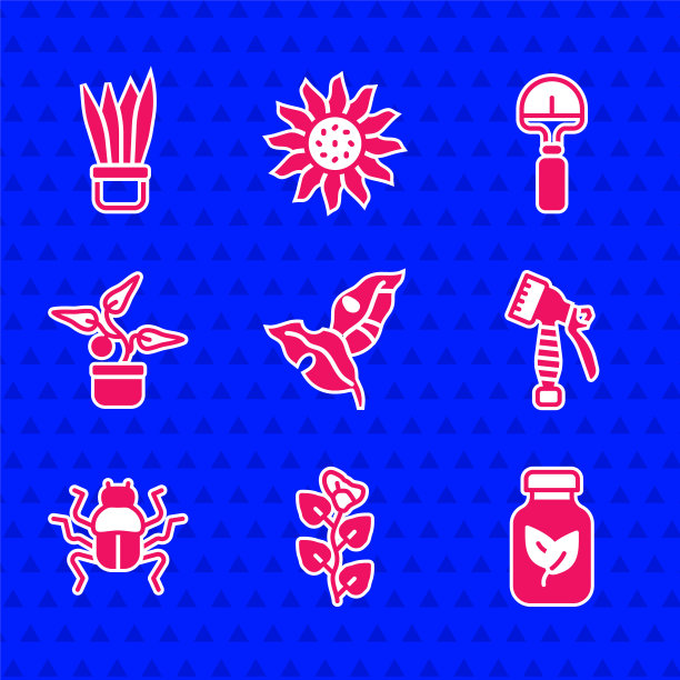 设置热带叶子，常青藤枝，肥料瓶，水喷雾，甲虫，植物在花盆，铲子和图标。向量图片下载