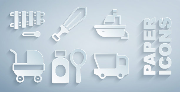 集肥皂泡泡瓶，玩具船，婴儿车，卡车，剑玩具和木琴图标。向量图片下载