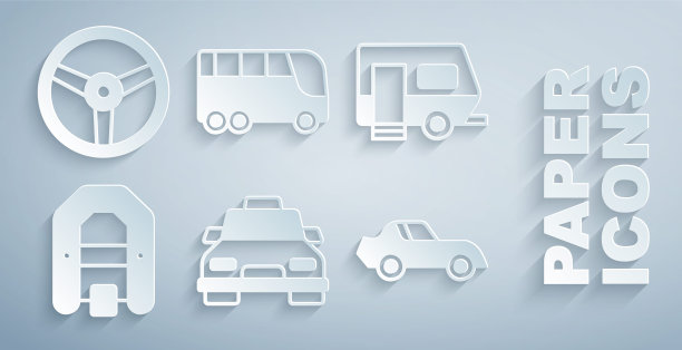 设置出租车，房车露营拖车，漂流船，汽车，巴士和方向盘图标。向量图片下载