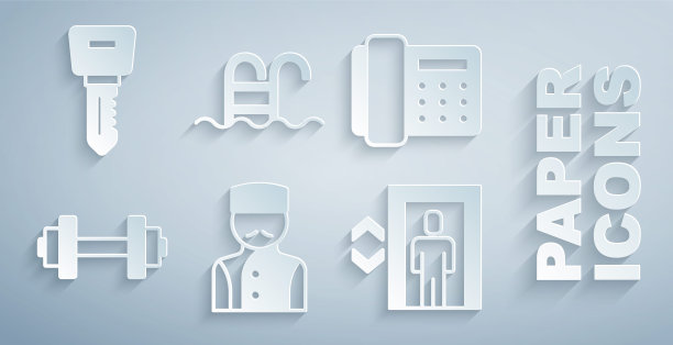 设置礼宾，电话听筒，哑铃，电梯，游泳池和酒店门锁钥匙图标。向量图片下载