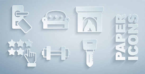 设置哑铃，室内壁炉，星级，酒店门锁钥匙，沙发和数字图标。向量图片下载