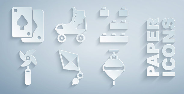 集风筝，玩具积木砖，风车玩具，旋转，轮滑和扑克牌图标。向量图片下载